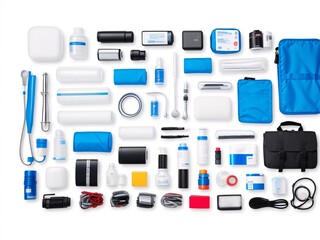 A collection of medical equipment and supplies neatly organized on a white background created with Generative AI technology