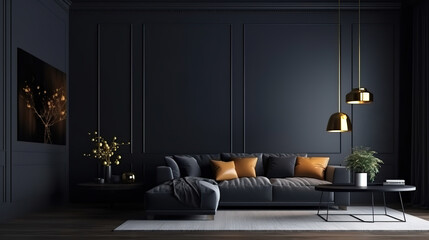 Home interior, modern dark living room interior, black empty wall mock up. Generative Ai