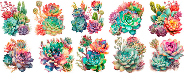 Set of Succulent arrangements, Watercolor botanical illustration, Generative AI 