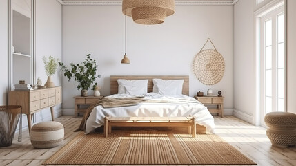 Poster frame mockup in bright bedroom interior background with rattan wooden furniture. Generative Ai