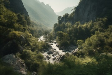 A stunning mountainous terrain with a flowing river amidst lush greenery. Generative AI