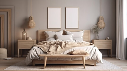 Mockup frame in cozy simple bedroom interior background. Generative Ai