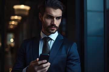 Portrait of a happy businessman holding smartphone. Generative AI