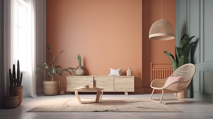 Stylish scandinavian living room with design mint sofa. Generative Ai