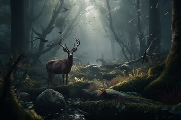 3d forest with bird and deer. Generative AI