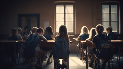 Back view of schoolchildren sitting in classroom. Generative Ai