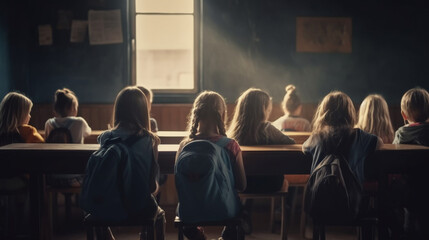 Obraz premium Back view of schoolchildren sitting in classroom. Generative Ai