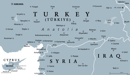 Part of the Turkish peninsula of Anatolia, gray political map. Geographical regions of Turkey,  Eastern and Southeastern Anatolia, and parts of the Mediterranean Region, and Cyprus, Syria and Iraq.