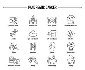 Pancreatic Cancer symptoms, diagnostic and treatment vector icon set. Line editable medical icons.