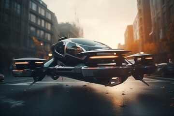 Obraz na płótnie Canvas Autonomous flying vehicle for urban mobility with advanced technology in city background. Generative AI