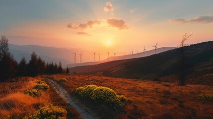 Wind turbines silhouette on mountains at sunset. Generative AI
