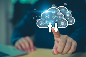 Database storage cloud technology file data transfer sharing, cyber, big data information for financial online marketing, internet banking application or computer download upload backup cloud drive.