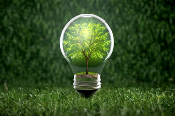 Green energy concept with glowing low lightbulb with tree sprout inside on a blurred trees background.Earth Day, renewable energy sources, ecology, safe electricity concept.Soft focus.AI generated