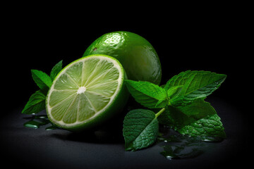 Fresh slices lime with leaf mint. Generative AI