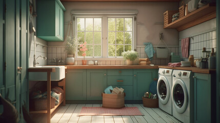 Laundry room interior with washing machine. Generative Ai