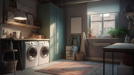 Laundry room interior with washing machine. Generative Ai