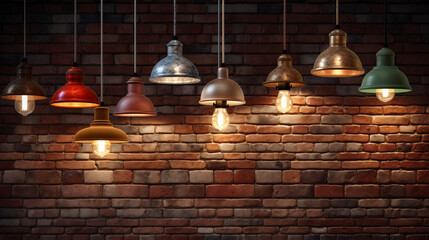 Obraz premium Vintage light bulbs on brick wall background. Generative Ai