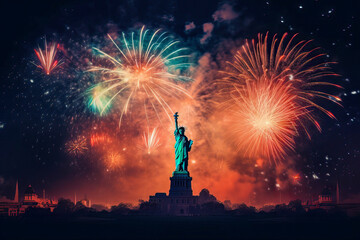 fireworks behind the statue of liberty for independence day. Patriotic postcard. 4th of July - obrazy, fototapety, plakaty