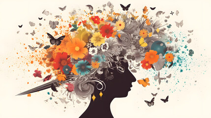 the power of thought in the form of flowers in the head, vector graphics Generative AI
