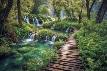 Plitvice Lakes Waterfalls, Tranquil National Park, Turquoise Cascades, Mesmerizing Natural Beauty, Lush Greenery, Generative AI
