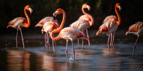 Fototapeta na wymiar A group of flamingos wading through a shallow lagoon, concept of Avian behavior, created with Generative AI technology