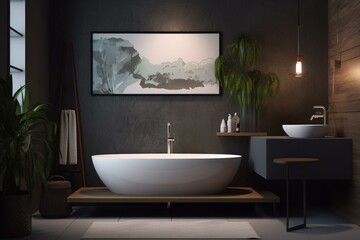 Naklejka na ściany i meble Online shopping for bathroom furnishings. Laptop displays 3D rendering of bathroom interior with copy space. Keywords: laptop, furnishings, online, bathtub, washbasin, WC, interior,. Generative AI