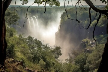 Victoria Falls, The Smoke that Thunders, Majestic Waterfall, Zambia and Zimbabwe, Lush Greenery, Generative AI