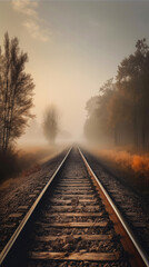 Fototapeta na wymiar Railroad tracks in misty morning. Generative AI