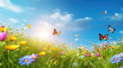 Art Beautiful blurred spring background nature with blooming glade, butterfly and blue sky on a sunny day - obrazy, fototapety, plakaty