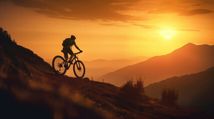 Fototapeta na wymiar Silhouette of a mountain biker enjoying downhill during the sunset. Generative AI