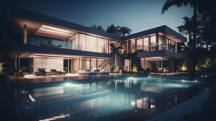 Fototapeta premium Modern cozy house with pool. Generative Ai