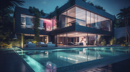 Obraz na płótnie Canvas Modern cozy house with pool. Generative Ai