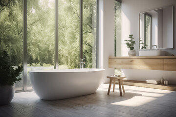 Fototapeta na wymiar Stylish bathroom interior in modern eco-friendly style with a bathtub and a large window. Spacious bathroom in bright colors with a large window overlooking a beautiful green garden. Generative AI