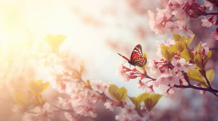 Spring background with pink blossom and fly butterfly