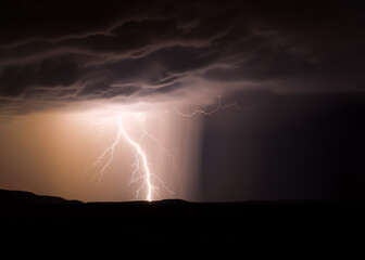 Naklejka na ściany i meble Powerful lightning flash illuminates the night sky during a thunderstorm, shallow depth of field, Illustrative Generative AI
