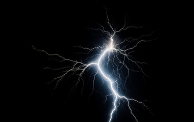 Lightning bolts isolated on black, capturing nature's force, shallow depth of field, Illustrative Generative AI