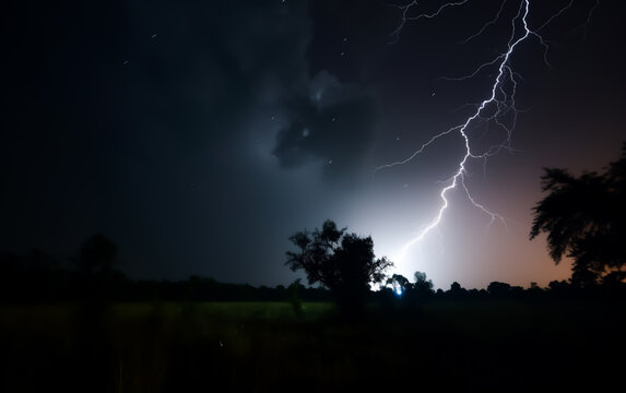 Powerful lightning flash illuminates the night sky during a thunderstorm, shallow depth of field, Illustrative Generative AI