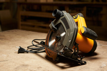 beautiful yellow gray circular saw with electric cable stands on a wooden workbench