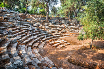Ruins of ancient amphitheater on Cleopatra Island, Sedir Island, Aegean Sea, Marmaris, Turkey