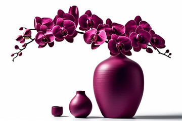Purple, violet Phalaenopsis orchid in a beautiful vase on a table in white background. Generative AI	