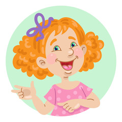 Portrait of a cute smiling girl with red hair. Avatar icon in the circle. In cartoon style. Isolated on white background. Vector flat illustration.