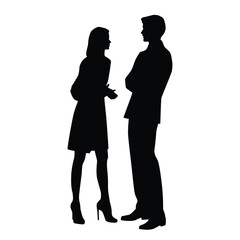 Vector silhouettes of  man and a woman, a couple of standing and talking business people, profile, black color isolated on white background