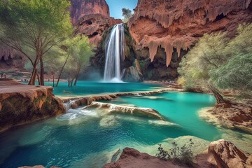 Havasu Falls, Havasupai Indian Reservation, Arizona, USA, Turquoise Waters, Red Rocks, Natural Beauty.