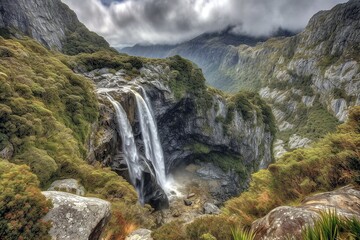 Fototapeta na wymiar Sutherland Falls, Fiordland National Park, New Zealand, Majestic Waterfall, Natural Beauty, Scenic Landscape, Generative AI