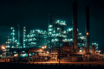 Night view of production, plant, factory with brightly lit smoking chimneys. Selective focus. Generative AI