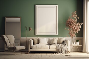 A blank frame hangs on a beige wall in a modern living room with a white sofa, armchair, and trendy dried flowers in a green arch. 3D rendered. Generative AI