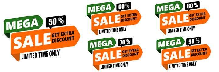 percent mega sale label icon on collection set. green, orange and black vector banner template. 50%, 60%, 70%, 80%, 90%.
