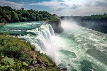 Fototapeta na wymiar Niagara Falls Splendor: Canadian Side, Powerful Cascade, Lush Greenery, Stunning Landscape, Captivating Beauty, Generative AI