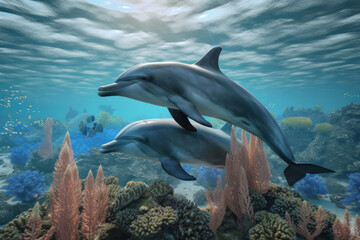 Obraz na płótnie Canvas Pair of dolphins swimming together in clear waters of the ocean on World Oceans Day. These graceful and playful mammals are a reminder of the importance of ocean conservation efforts. AI Generative.