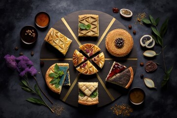 beautiful arrangement of pies cake. Ilustration. Generative AI